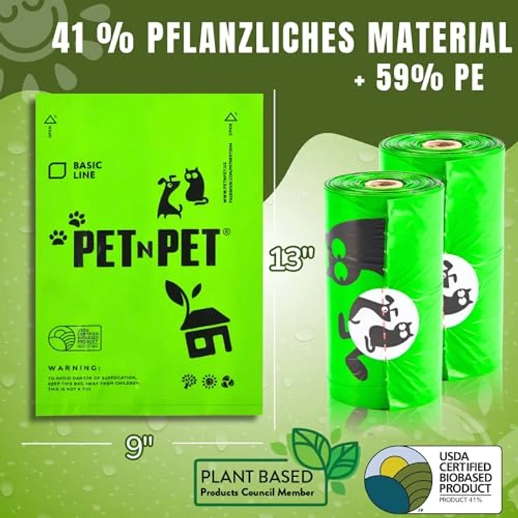 PET N PET Hundekotbeutel, 1080 Stück, biologisch abbaubar, 60 Rollen, Pea Green, extra dick und auslaufsicher – Bild 2