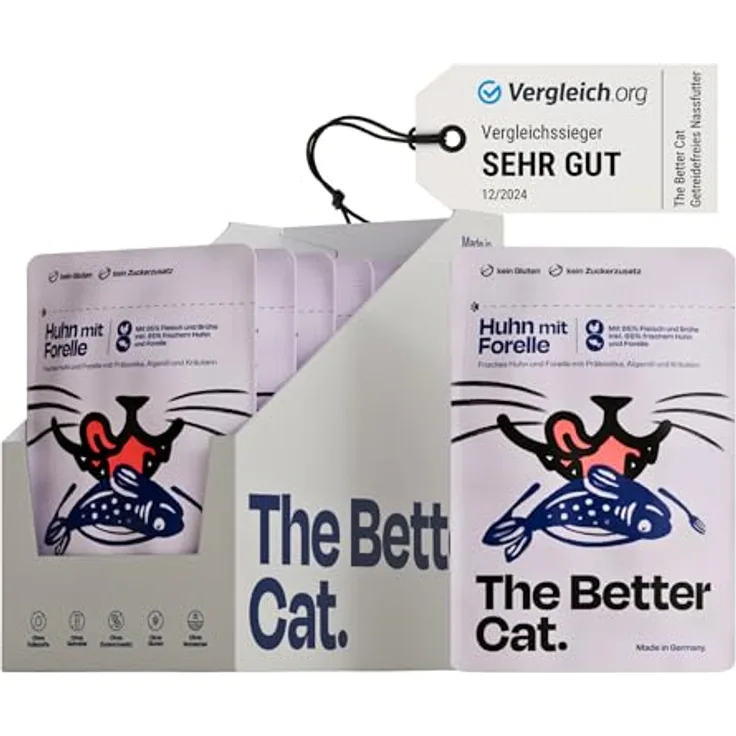 The Better Cat Getreidefreies Nassfutter Huhn & Forelle, 12x85g - 96,5% Fleischanteil, ohne Zucker, mit Präbiotika, regional produziert in Deutschland
