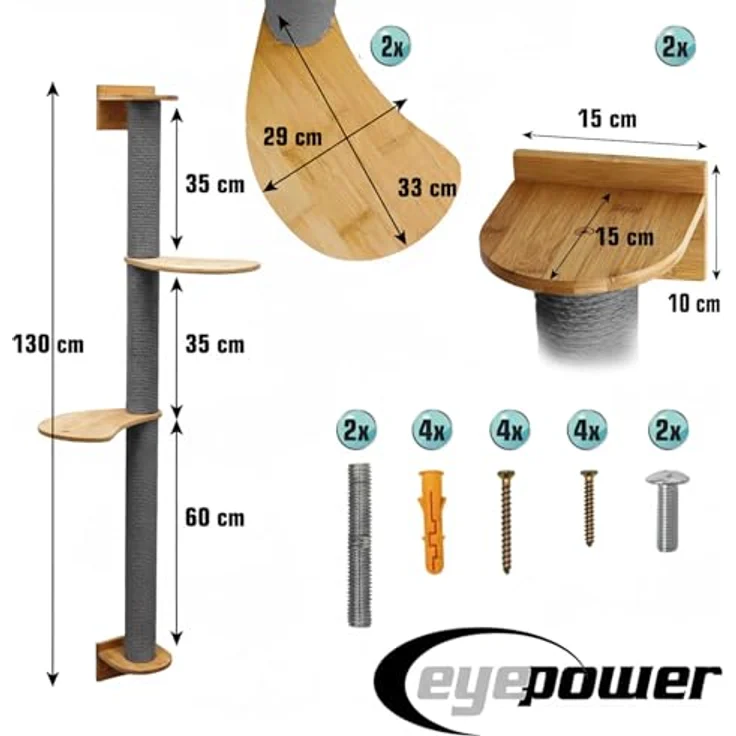 Eyepower Luna, 130 cm Wandkratzbaum mit 2 drehbaren Plateaus und Sisal Kratzstämmen zur Wandmontage, stabil und platzsparend – Bild 7
