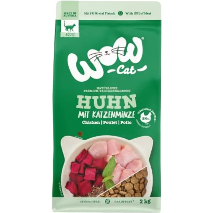 WOW Cat Adult Huhn, Premium-Trockennahrung für ausgewachsene Katzen, 2 kg, reich an 84 % tierischem Protein, ohne Getreide, hergestellt in Österreich