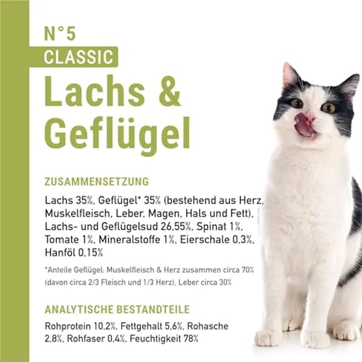 catz finefood N° 5 Lachs & Geflügel Feinkost Katzenfutter nass, 36% Lachs, verfeinert mit Spinat & Tomate, 6 x 400g Dosen – Bild 4