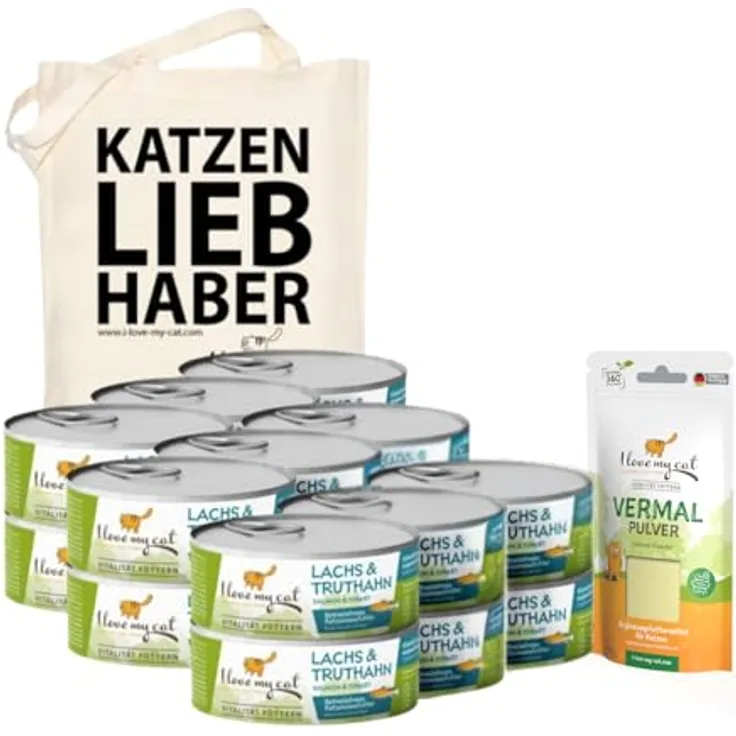 I love my cat NATURAL CAT FOOD I Love My Cat Sparset für ernährungssensible Katzen – Nassfutter Truthahn & Lachs, getreidefrei, 18 x 100 g + Vermal Pulver 35 g + Jutebeutel