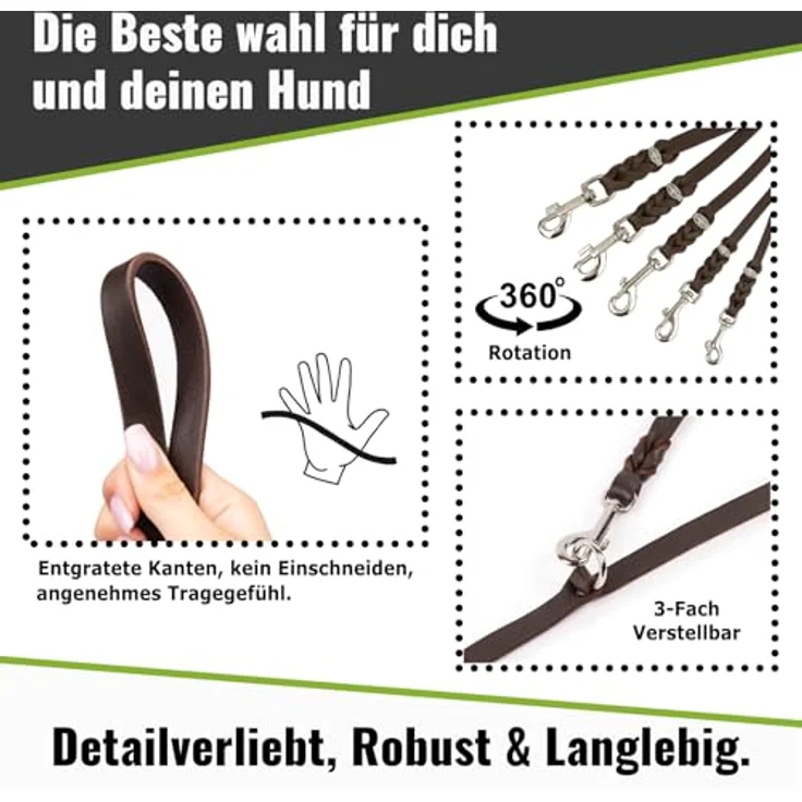 CopcoPet Hundeleine Leder 5m Fettlederleine [3-Fach Verstellbar] geflochten, robuste Leine mit Chrombeschlägen in Grau, ideal für große und kleine Hunde – Bild 2