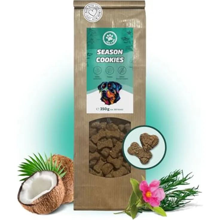 Lolo & Max Season Cookies, 350g Hundesnacks mit Schwarzkümmel, Kokosflocken & Zistrose, hypoallergen, vegan, glutenfrei, gesund & schmackhaft