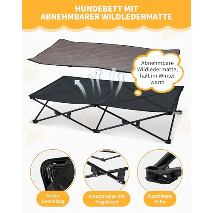 KingCamp Erhöhtes Hundebett, Outdoor-Hundeliege mit atmungsaktivem Mesh, Wildledermatte und rutschfesten Füßen, 132 x 68 x 29 cm, Schwarz – Bild 3