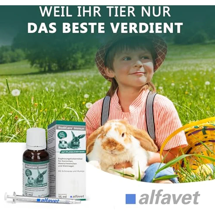 Alfavet RodiCare Immun, Immunstärkung für Kaninchen, Meerschweinchen und Kleinnager, pflanzliches Ergänzungsfuttermittel mit Zink, 15ml, Dosierspritze – Bild 5