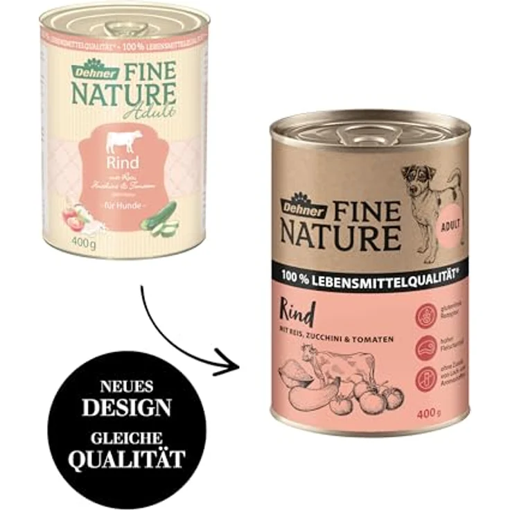 Dehner Fine Nature Hundefutter, Nassfutter in Lebensmittelqualität, Rind mit Reis, Zucchini und Tomaten, 6 x 400 g Dose (2.4 kg) – Bild 4