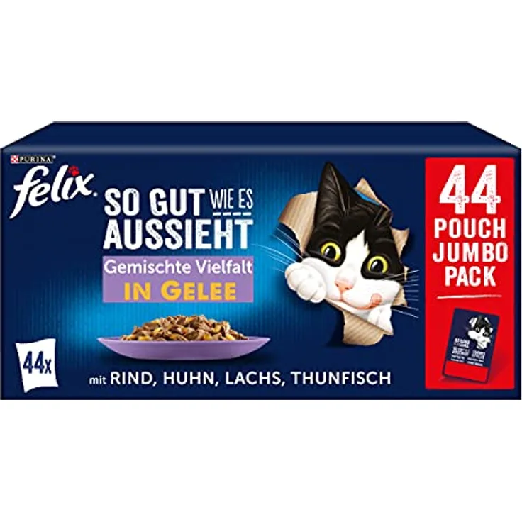 FELIX So gut wie es aussieht, Gemischte Vielfalt in Gelee Katzennassfutter, 44x85g Portionsbeutel mit zarten Stückchen in Rind, Huhn, Thunfisch, Lachs, ohne Konservierungsstoffe