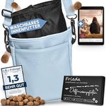 Ostfriesenpfoten® Leckerlibeutel 'Frieda', Hunde-Futterbeutel aus hochwertigem Kunstleder, Lavendelblau, Größe L, mit EasyOpen Einhandmagnetverschluss, zwei getrennten Leckerlibereichen, kotbeutelspender und Schultergurt.