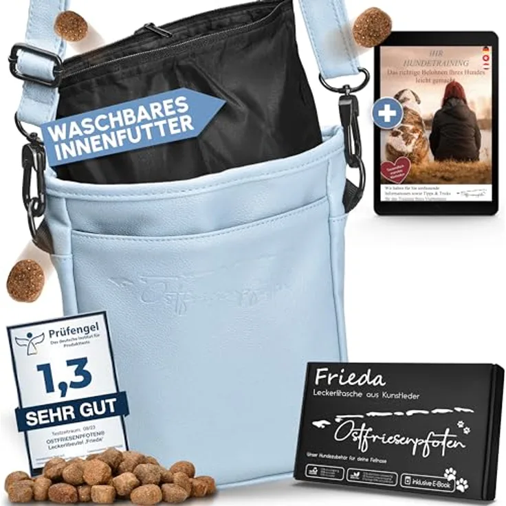 Ostfriesenpfoten® Leckerlibeutel 'Frieda', Hunde-Futterbeutel aus hochwertigem Kunstleder, Lavendelblau, Größe L, mit EasyOpen Einhandmagnetverschluss, zwei getrennten Leckerlibereichen, kotbeutelspender und Schultergurt.
