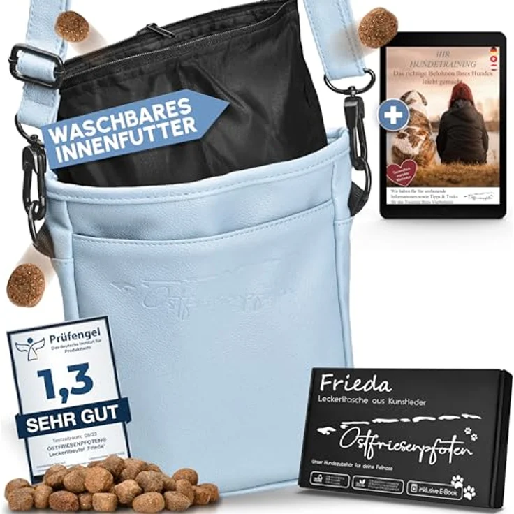 Ostfriesenpfoten® Leckerlibeutel 'Frieda', Hunde-Futterbeutel aus hochwertigem Kunstleder, Lavendelblau, Größe L, mit EasyOpen Einhandmagnetverschluss, zwei getrennten Leckerlibereichen, kotbeutelspender und Schultergurt. – Bild 1