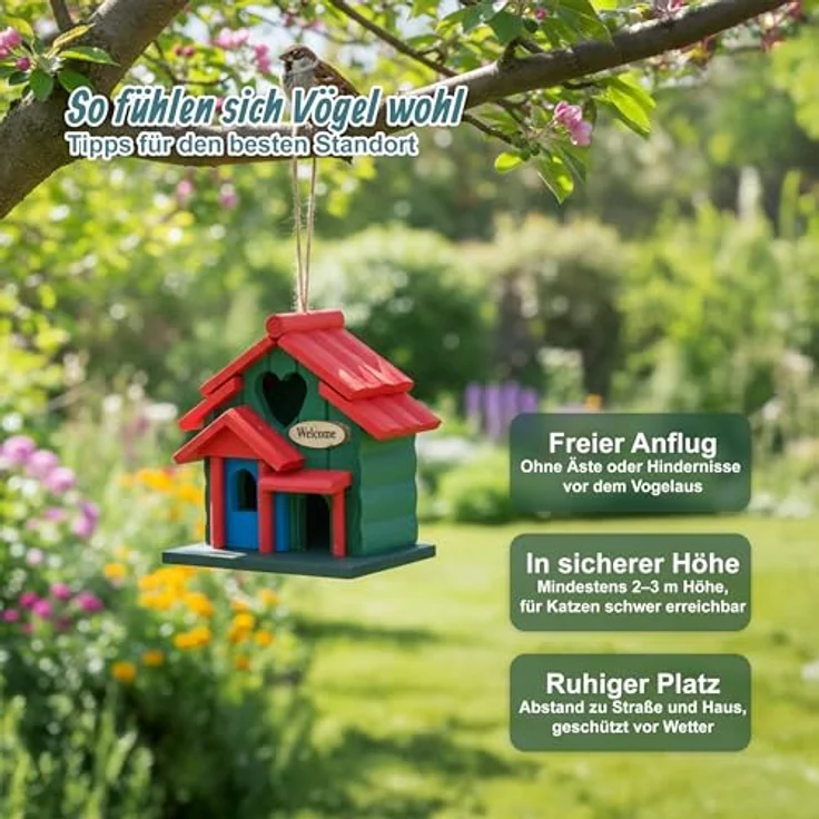 Relaxdays Deko Vogelhaus, Landhausstil, Holz, HBT 21 x 20 x 13,5 cm, mehrfarbige Vogelvilla zum Aufhängen für Garten – Bild 2