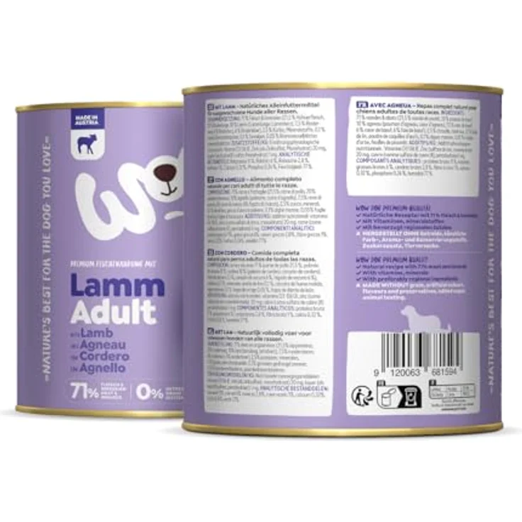 WOW Adult 6 x 800 g, Hunde-Nassfutter mit Lamm, getreidefrei und reich an tierischen Proteinen – Bild 2