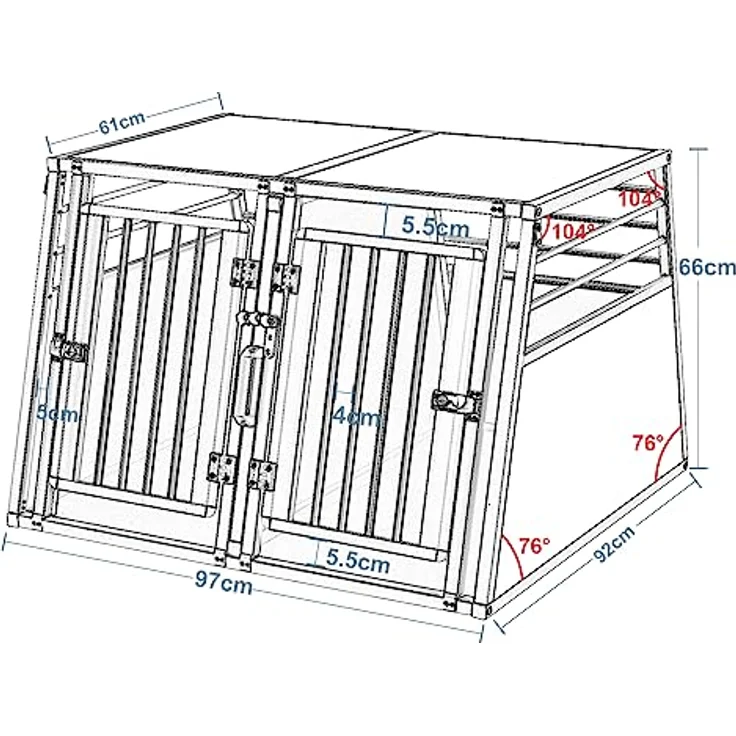 EUGAD Doppel Hundetransportbox Auto, Alu Hundebox für 2 Hunde mit Trennwand und Sicherheitsverschluss, stabile Tiertransportbox für große Hunde, 97 x 92 x 66 cm – Bild 3