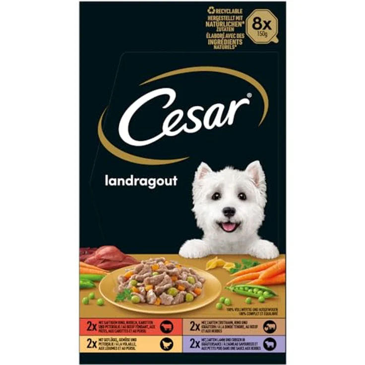 Cesar Schale Multipack Landragout, 4 Varietäten 8x150g, 100% ausgewogenes Hundefutter, ohne Zucker, mit natürlichen Zutaten – Bild 4