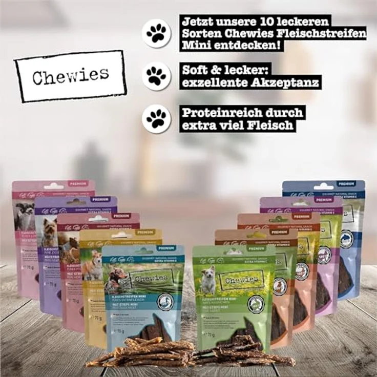 Chewies Fleischstreifen MINI Hundeleckerli 100% Lammfleisch, 4 x 70 g, hypoallergen & getreidefrei, luftgetrocknete Kaustreifen für kleine Hunde – Bild 3