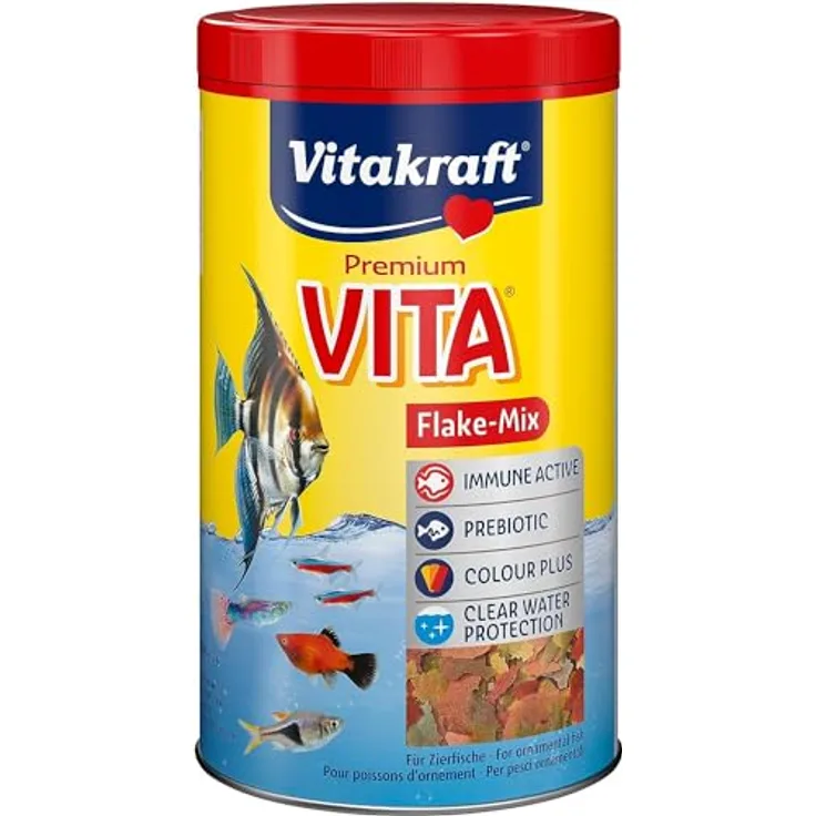Vitakraft Flake-Mix, Fischfutter Aquarium mit Garnelen und Spirulina, reichhaltiger Mix aus fünf Futterflocken für alle Zierfische (1x 1l)