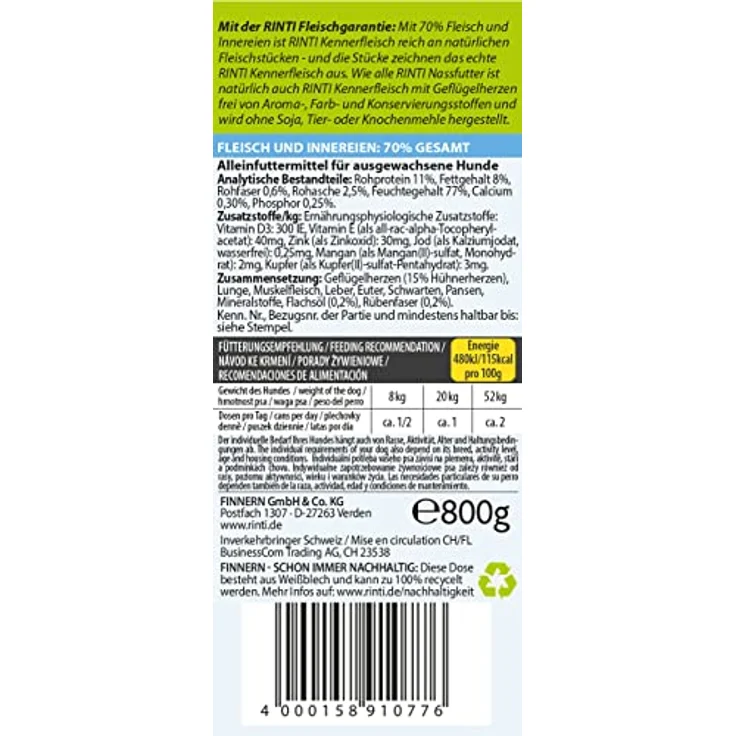 Rinti RINTI Kennerfleisch 800 g, Hunde-Nassfutter mit hohem Fleischanteil und Geflügelherzen, getreidefrei, ballaststoffreich, ohne künstliche Zusatzstoffe – Bild 6