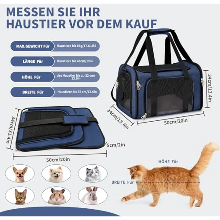 Aipwerer Faltbare Tragbare Transportbox Katze, Atmungsaktiv mit 2 Größen (M bis 5 kg, L bis 8 kg), strapazierfähiges Polyester, inkl. gepolstertem Schultergurt – Bild 2