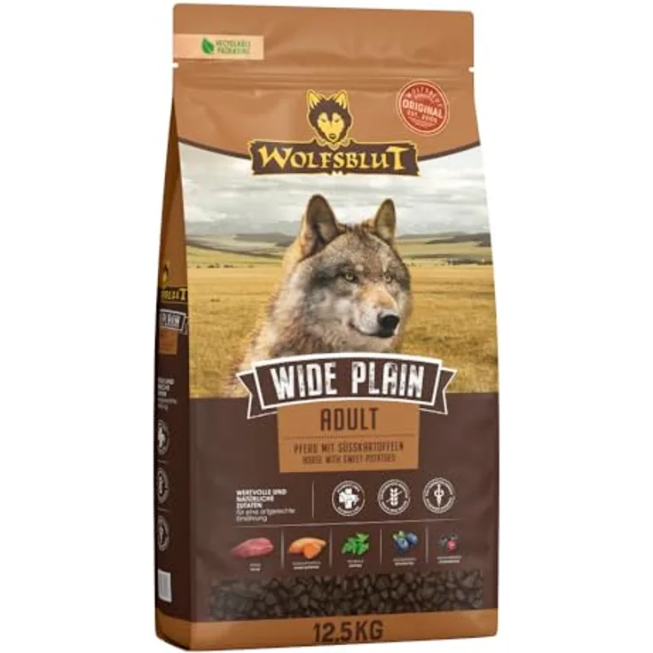WOLFSBLUT Wide Plain Adult, getreidefreies Hund Trockenfutter mit frischem Pferdefleisch und Süßkartoffeln, 12,5 kg