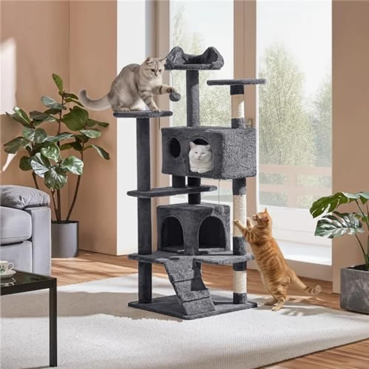 Yaheetech Kratzbaum Stabiler Katzenbaum Katzenkratzbaum Katzenmöbel, Kletterbaum für Katzen Höhe 137 cm, Dunkelgrau – Bild 3