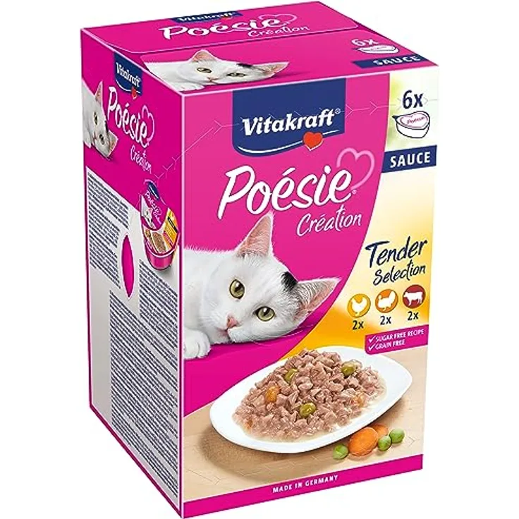 Vitakraft Poésie Création Tender Selection, Nassfutter für Katzen in Sauce, mit Huhn, Pute und Rind, ohne Zucker und Getreide, 6x 85g