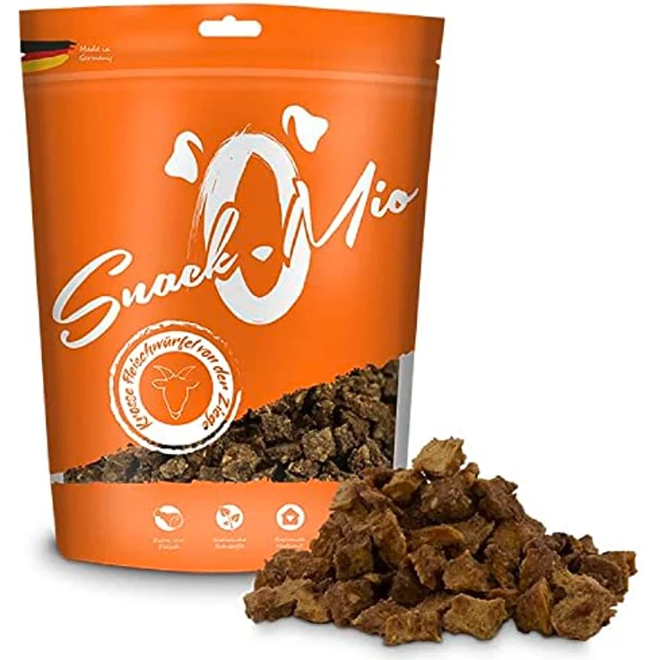 SnackOMio Premium Hundesnack, getreidefreie krosse Fleischwürfel von der Ziege, luftgetrocknet, 125g Packung – Bild 1