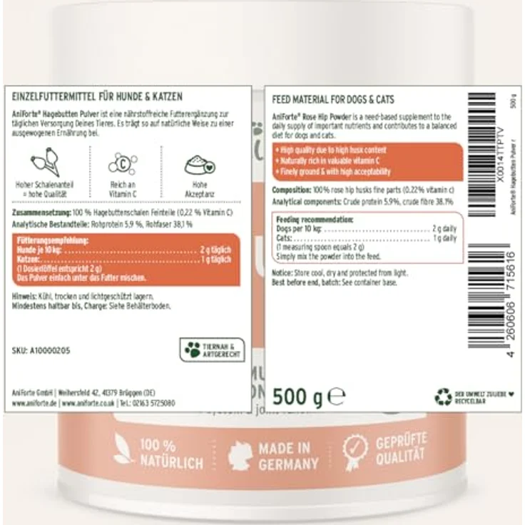 AniForte Hagebuttenpulver 500 g, 100% natürliche Ergänzung für Hunde und Katzen zur Unterstützung von Gelenkfunktion und Immunsystem – Bild 8