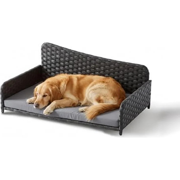 Relaxdays Hundebett Rattan XL, erhöhtes Hundesofa mit abnehmbarem Kissen, wetterfest für Indoor & Outdoor, grau, HBT: 38x87x49 cm – Bild 1