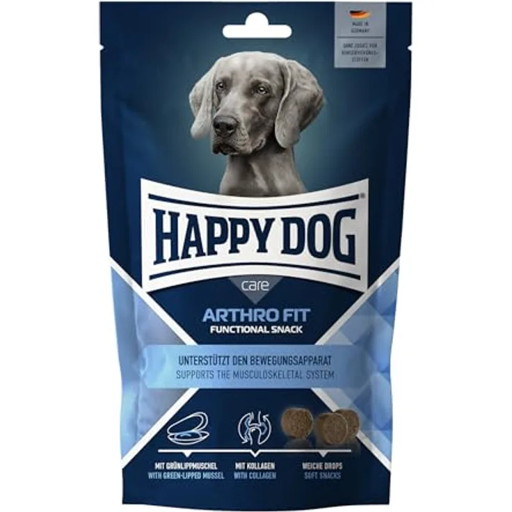 Happy Dog Care Snack Arthro Fit, funktioneller Hundesnack zur Unterstützung des Bewegungsapparates, 100g, mit Grünlippmuschel und Kollagen