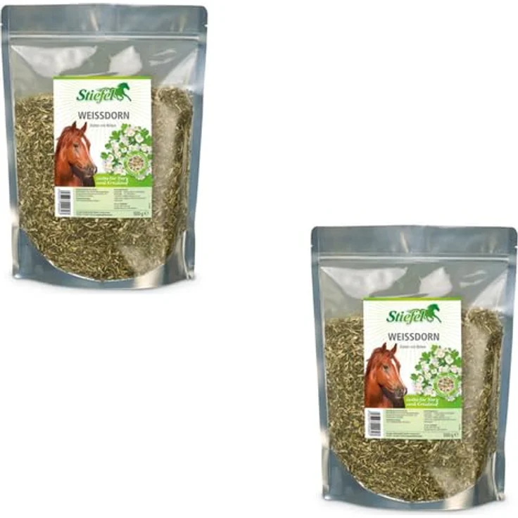 Stiefel Weißdorn, Doppelpack mit 2 x 500 g, Einzelfuttermittel zur Unterstützung von Herz und Kreislauf für Pferde, mit geschnittenen Blüten und Blättern, natürliche Zutaten – Bild 1