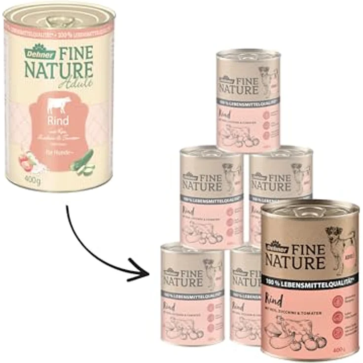 Dehner Fine Nature Hundefutter, Nassfutter in Lebensmittelqualität, Rind mit Reis, Zucchini und Tomaten, 6 x 400 g Dose (2.4 kg) – Bild 3
