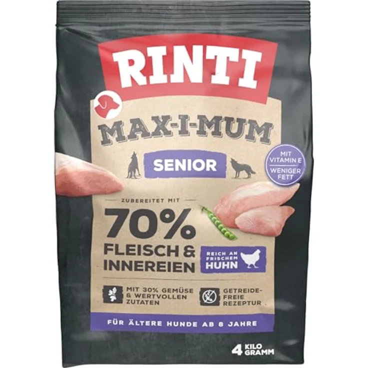 Rinti MAX-I-MUM Senior Huhn, getreidefreies Hundefutter mit 65% frischem Fleisch und 30% Gemüse, 4 kg