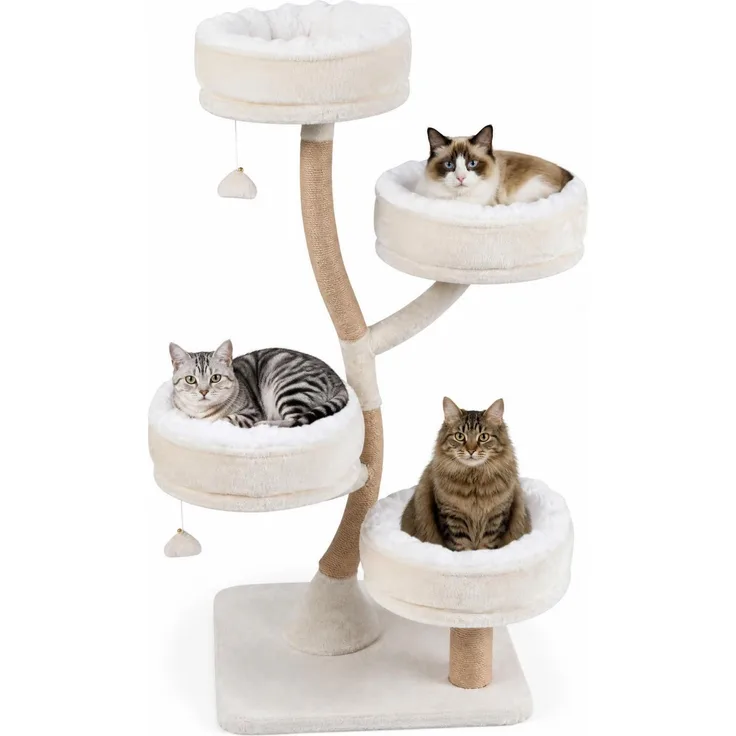 KOMFOTTEU 132 cm Katzenbaum mit 4 Plattformen, stabil und pflegeleicht, Weiß