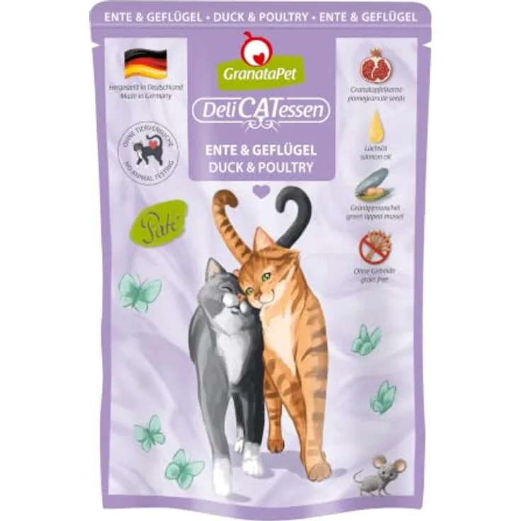 GranataPet DeliCatessen Ente & Geflügel, Nassfutter für Katzen, getreidefrei und ohne Zuckerzusätze, 6 x 85 g