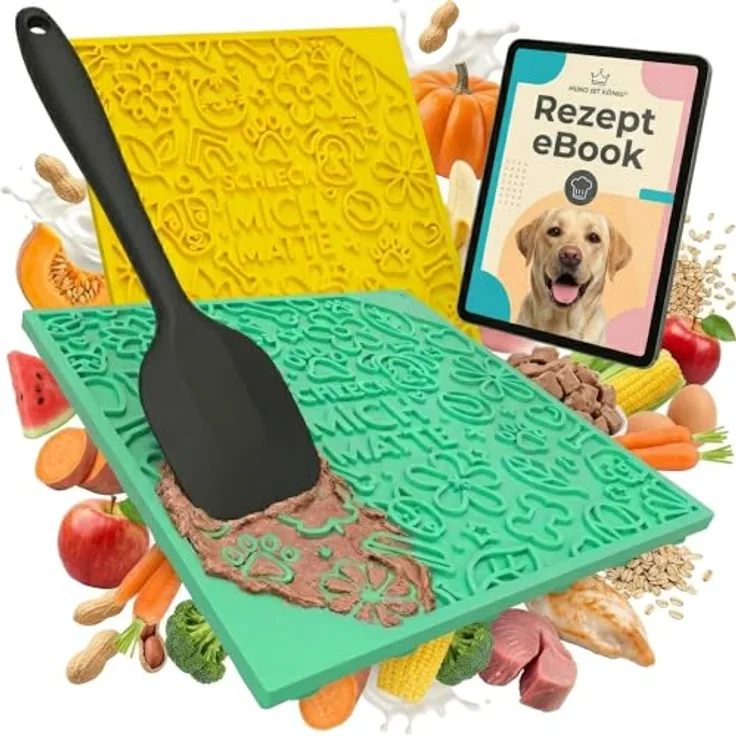 HUND IST KÖNIG Leckmatte Hund 22x22cm, rutschfest mit 72 Saugnäpfen, lebensmittelecht und spülmaschinenfest, inkl. Spatel und Rezepte-Ebook, 2 Stück