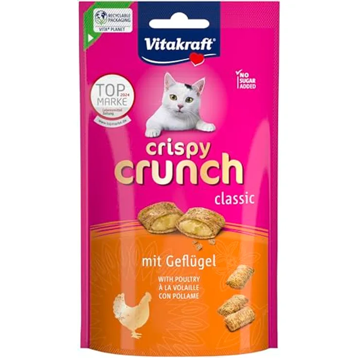 Vitakraft Crispy Crunch Classic, knuspriger Katzensnack gefüllt mit Geflügel, ohne Zucker, wiederverschließbarer Beutel, 60g