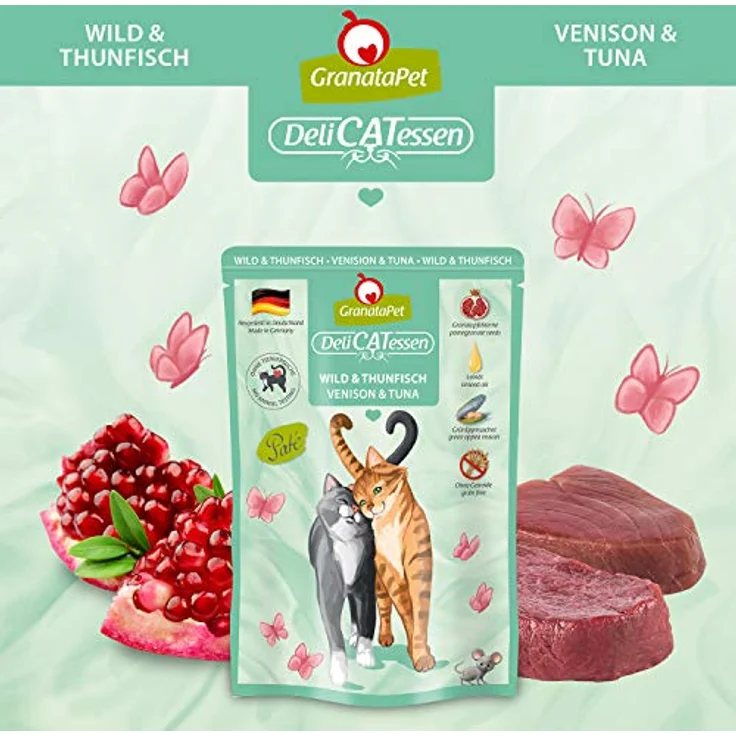 GranataPet DeliCatessen Multipack 1, Nassfutter für Katzen, ohne Getreide, hoher Fleischanteil, 6 x 85 g (Kalb, Kaninchen, Lachs, Meeresfrüchte, Lamm, Truthahn, Ente, Geflügel, Wild, Thunfisch) – Bild 3