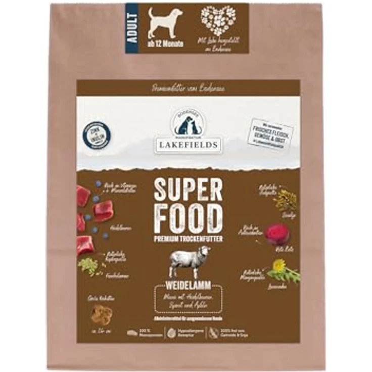 Lakefields SUPERFOOD, Premium Hundefutter trocken, 61% Lamm, 1kg, getreidefrei, mit Leinsamen, Heidelbeeren & Roter Beete, von Tierärzten entwickelt – Bild 1