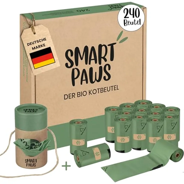 SMARTPAWS Hundekotbeutel biologisch abbaubar, 240 zertifizierte Kotbeutel mit Bio Beutelspender, extra starke und heim-kompostierbare Hundebeutel