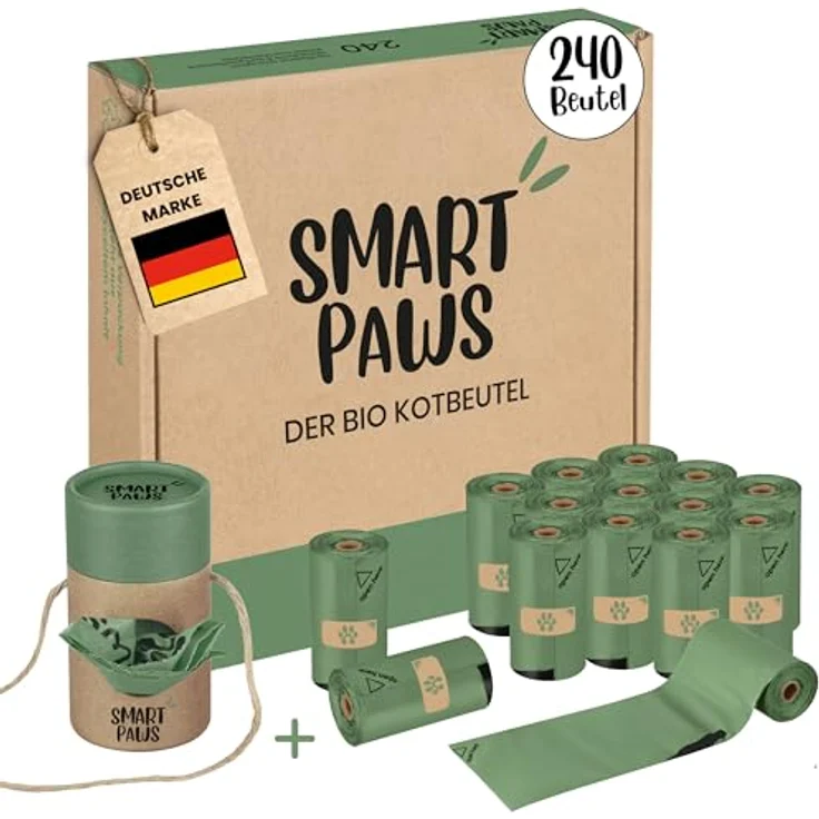SMARTPAWS Hundekotbeutel biologisch abbaubar, 240 zertifizierte Kotbeutel mit Bio Beutelspender, extra starke und heim-kompostierbare Hundebeutel – Bild 1