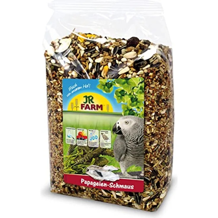 JR FARM Birds Papageien-Schmaus, 1 kg artgerechtes Vogelfutter mit Austernschalen, gentechnikfrei und aus eigener Erzeugung in Deutschland