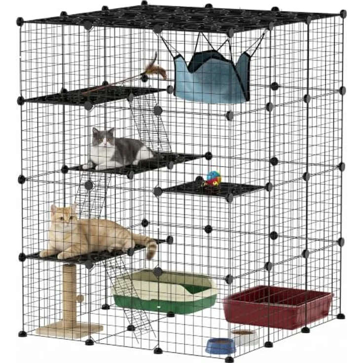 PawHut 4-stöckiger Katzenkäfig für 1-3 Katzen, 105 x 105 x 140 cm, schwarz, anpassbares Layout mit 5 Türen, Kletter- und Sprungplattformen – Bild 1