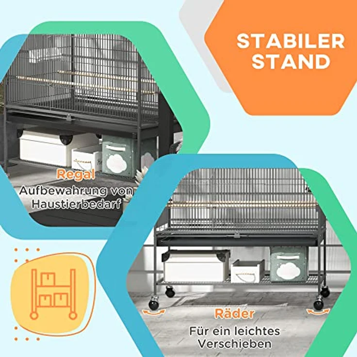 PawHut Vogelkäfig Vogelbauer, Vogelhaus mit Sitzstangen und Rollen, für kleine Vögel, Stahl, Grau, 94 x 57 x 153 cm – Bild 5
