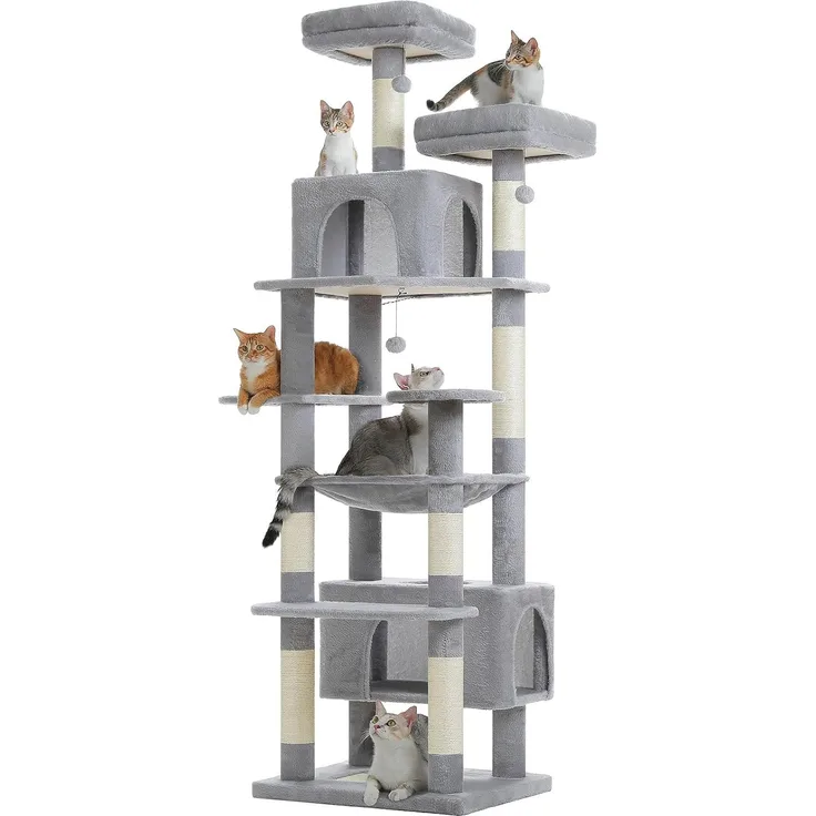 PURPURRA Robuster Kratzbaum für große Katzen, 200 cm hoher Katzenturm mit 2 Sitzstangen, 2 Höhlen und geräumiger Hängematte, XL extra große Höhle
