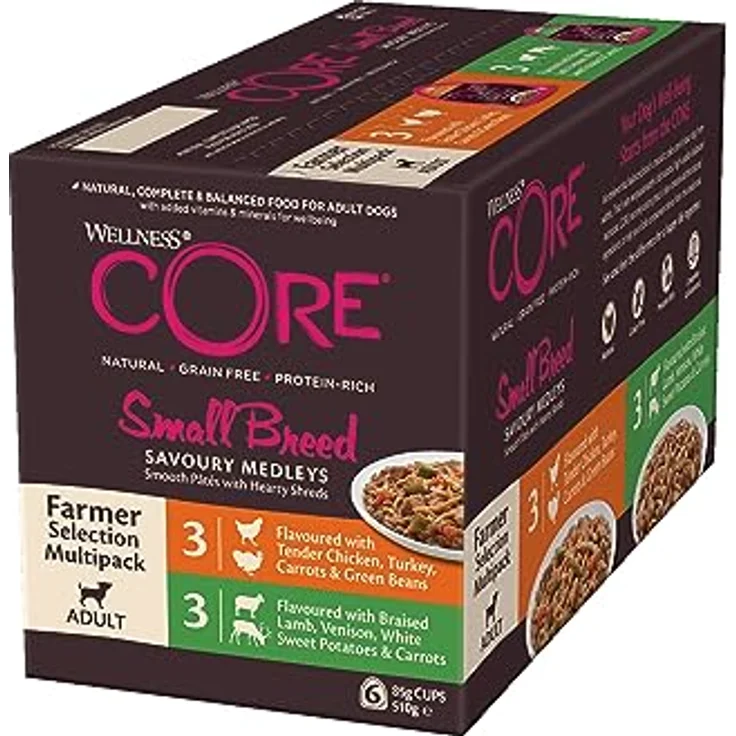 Wellness CORE Small Breed Savoury Medleys, Hundefutter nass für kleine Hunde, Farmer Selection Mix, 6 x 85 g, getreidefrei, hoher Fleischanteil, ohne Zuckerzusatz – Bild 1