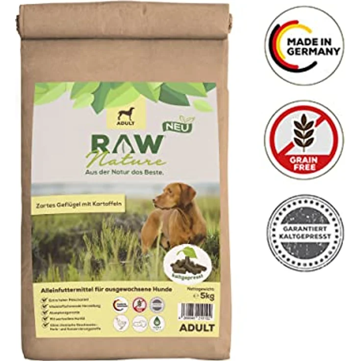 RAW Nature Trockenfutter Adult mit Huhn 5kg, getreidefreies, kaltgepresstes Hundefutter, 100% Muskelfleisch, hoher Fleischanteil, ohne künstliche Zusätze, für alle Rassen geeignet – Bild 5