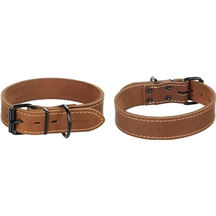 Flamingo Halsband Montana Leder BREIT, Cognac, Größe M 35-45CM, 35MM, für große Hunderassen, weiches Leder mit schwarzem Glanzfinish – Bild 3