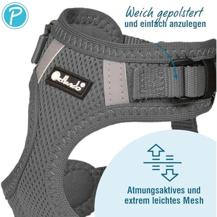 Petlando Hundegeschirr Mesh Vest S, leichtes und stufenlos verstellbares Brustgeschirr aus atmungsaktivem Mesh & Nylon, reflektierend, Anthrazit für kleine Hunde und Welpen – Bild 3
