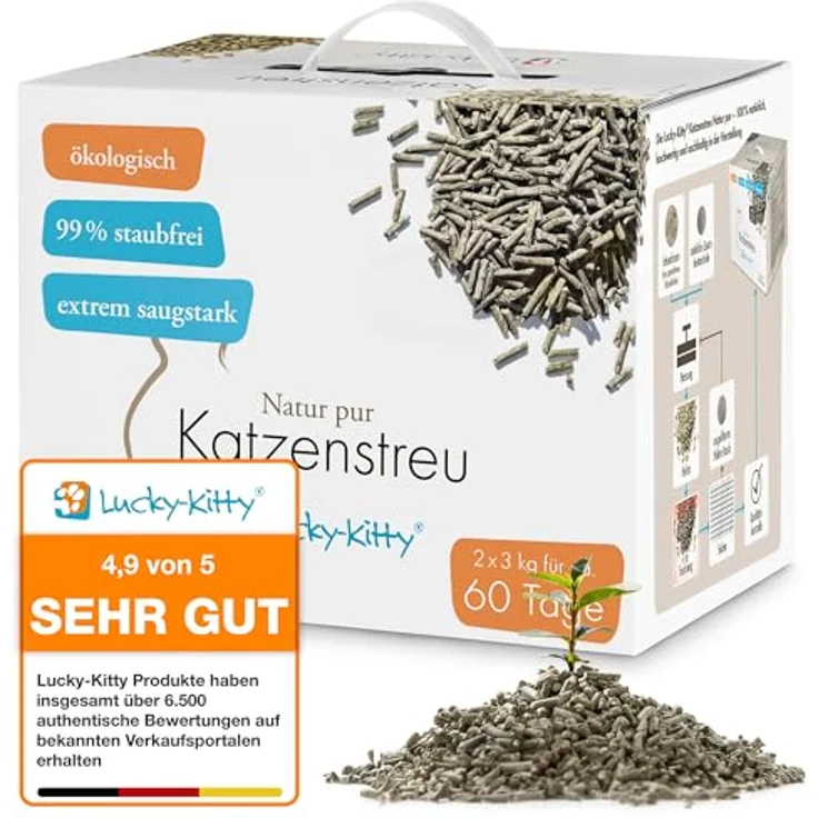 Lucky-Kitty Klumpstreu 6 kg, ökologisch, staubfrei & hochsaugfähig, geruchsneutralisierend, für Allergiker, in Toilette entsorgbar – Bild 2